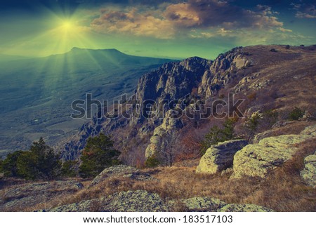 Vintage picture. Beautiful sunset in the Crimea mountain valley