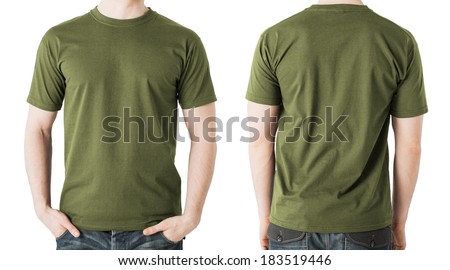 clothing design concept - man in blank khaki green t-shirt, front and back view Royalty-Free Stock Photo #183519446