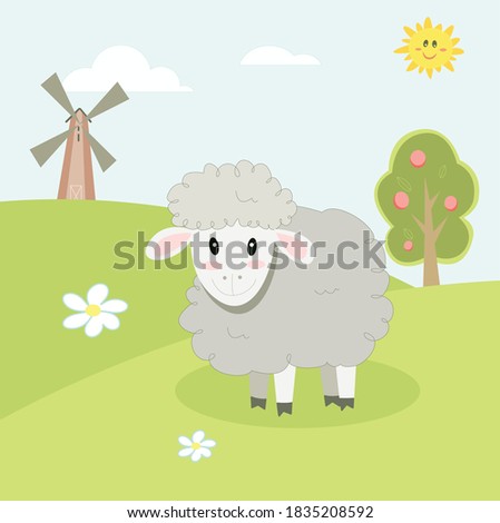 
cute farm animals, landscape with cartoon sheep vector image