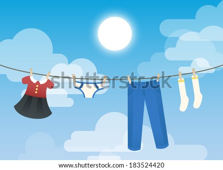 Illustration depicting a family's laundry hanging against a beautiful blue sky backdrop. Raster.