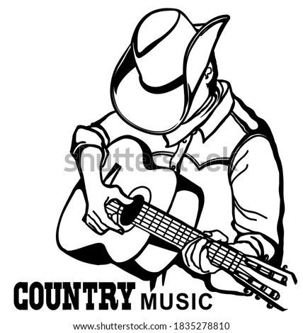 Man in american cowboy hat playing acoustic guitar. Vector country music graphic illustration isolatedon white with text for design