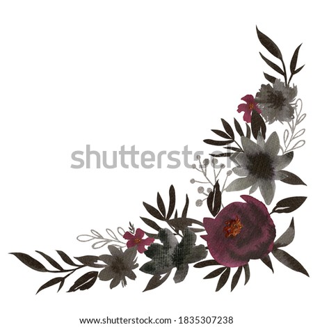 Hand painted black ink flower arrangement illustration.  Watercolor botanical composition isolated on white background. Wedding invitation design.
