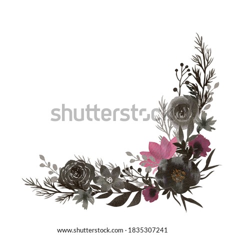 Hand painted black ink flower arrangement illustration.  Watercolor botanical composition isolated on white background. Wedding invitation design.