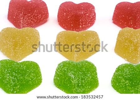 Green Yellow and Red hearts - isolated photo of objects