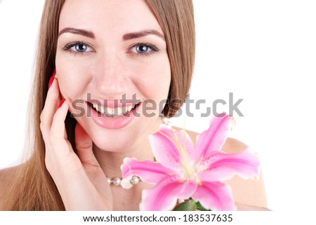 Portrait of pretty girl  with flower isolated on white