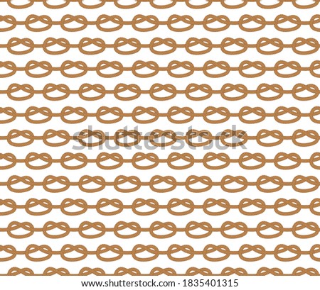 Seamless nautical rope pattern. Endless navy illustration with white loop ornament. Marine Carrick Bend knots on dark blue backdrop. Trendy maritime style background. For fabric, wallpaper, wrapping