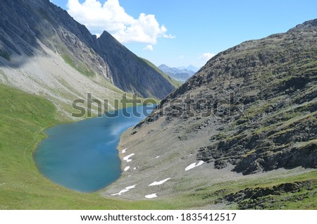 
mountain lake surrounded by rocky peaks