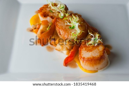 Scallops sautéed in olive oil, topped with crushed almonds, garnished w/ scallions, parsley & served with organic vegetables. Classic Italian, American restaurant or French bistro entree. Royalty-Free Stock Photo #1835419468