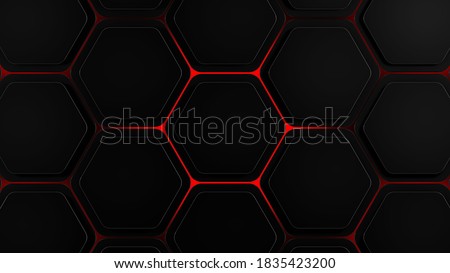 Dark futuristic hexagons background with red glow breaking out, 3d render illustration Royalty-Free Stock Photo #1835423200