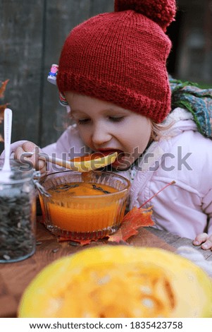 Little cute girl with pumpkin in countryside