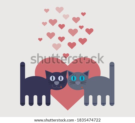 Two cats in love, flat illustration. Valentine's card. Cute kitten character.