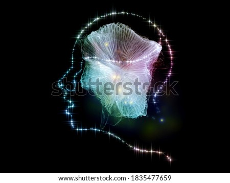 Human silhouette and thought burst made of light and fractal elements on the subject of human mind, thinking and idea conception
