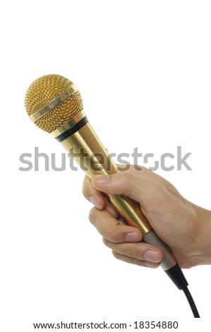 Hand with microphone isolated on white background