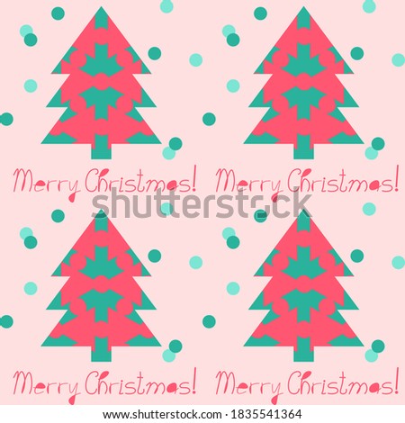 
Turquoise Christmas trees with a beautiful pink pattern, the inscription Merry Christmas, snowballs on a pink background, artistic. Vector seamless New Year illustration.
