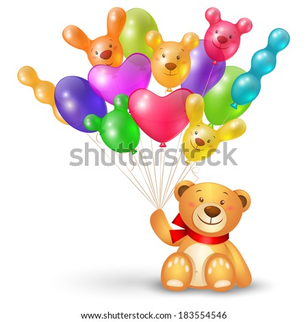 Cute teddy bear with a bunch of of bright balloons unusual shaped, festive icon or greeting card template