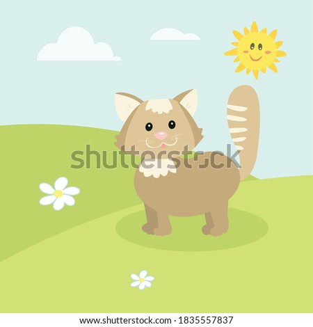 
cute farm animals, landscape with cartoon cat vector image