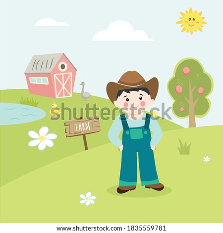 landscape with farmer in the foreground, goose and duckling, cute vector illustration in flat style