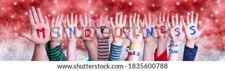 Children Hands Building Word Mindfulness, Red Christmas Background