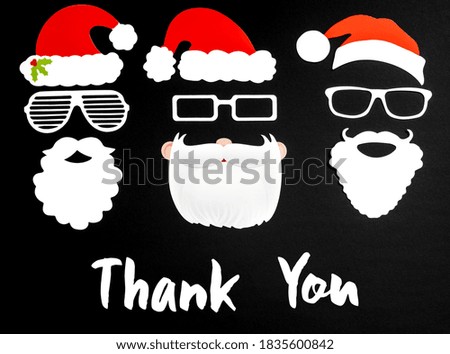 Three Santa Claus Paper Mask, Black Background, Text Thank You