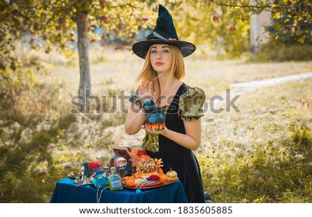 Mystical scene at garden, nice witch woman, magical look, Halloween ideas, costume