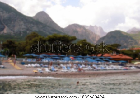 Defocused photography. Rest at the sea, resort on the Mediterranean coast of Turkey, in the province of Antalya, Kemer. Blurred background copy space for your design