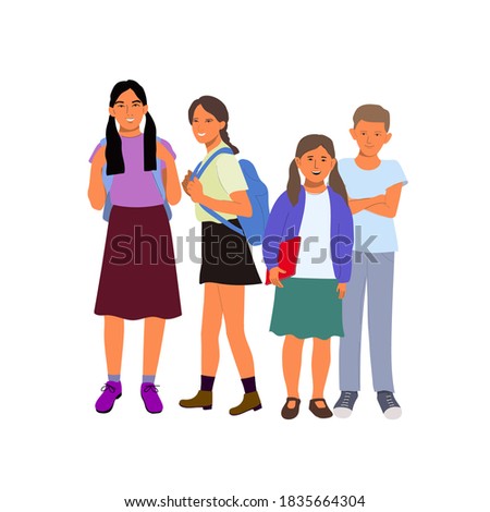  School children.Pupils with books and backpacks.Vector illustration.