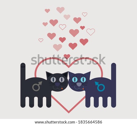 LGBT concept. Loving cats on the background of a large heart. Vector illustration. Valentine's day card