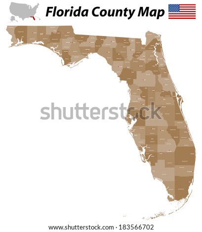 Detailed map of Florida with all counties and main cities. Royalty-Free Stock Photo #183566702