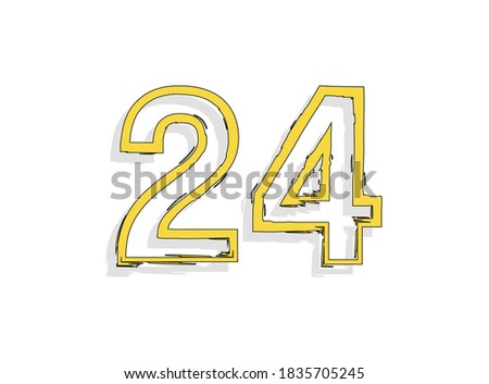 24 yellow number, hand drawn brush stroke. Comic style, calligraphic design. For design element, logo, creative poster etc. Vector illustration 
