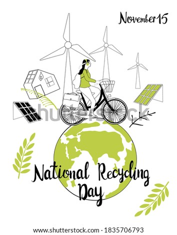 National Recycling day concept.Girl travelling on bicycle around green Earth.Safe our planet,nature and enviroment protection.Greeting card or design poster.Solar and wind energy in city.Plastic free