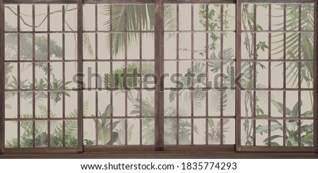 Botanical garden with panoramic windows. Jungle and tropical plants outside the window. Beautiful design for postcard, picture, mural, wallpaper, photo wallpaper.