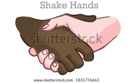 Black and white hands shake hands. Agreement, contract, handshake for peace. Afro American and white human deal. clasp. Icon, symbol draw. White blank background. Illustration vector