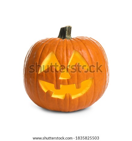 Cute pumpkin jack o'lantern isolated on white. Halloween decor