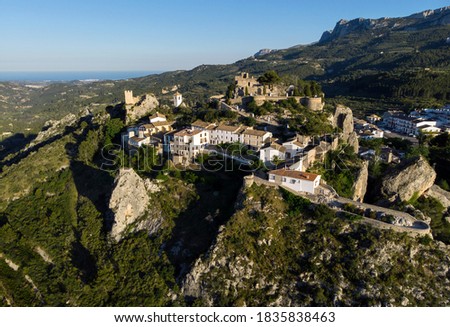 Aerial view photography El Castell de Guadalest and surroundings during sunny summer day. Alicante province, Spain 