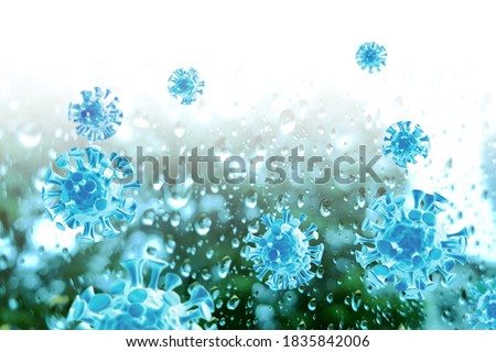 Medical picture of blue covid-19 cell on raining season background, corona virus 3d rendering human illness disease illustration. Royalty-Free Stock Photo #1835842006