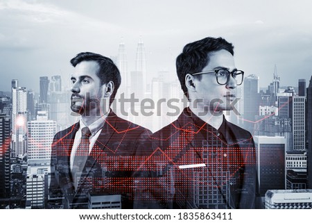 Two young handsome businessman in suits dreaming about new career opportunities after MBA graduation. Trading at corporate finance fund. Forex chart. Kuala Lumpur on background. Double exposure.