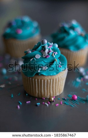Vanilla cup cakes with blue icing and sprinkles