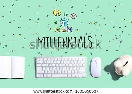 Millennials with a computer keyboard and a piggy bank