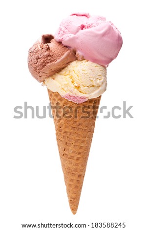 An ice cream cone with three different scoops of ice cream