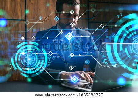 Businessman in office working laptop technology typing computer assemble data drawing concept. Double exposure.