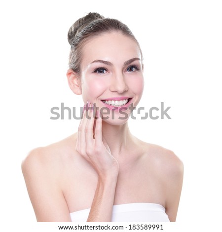 attractive smiling woman face with health teeth close up, dental care concept