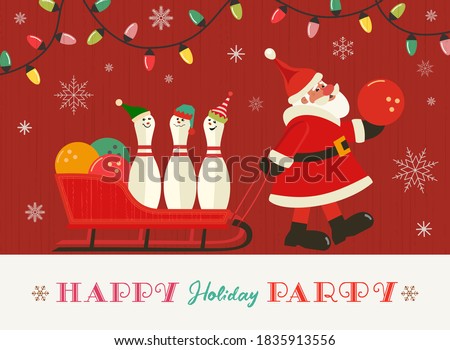 Happy holiday party flat vector greeting. Cute Santa, pins in elves hats cartoon. Christmas holiday season bowling parties invitation background. New year eve celebration banner template illustration