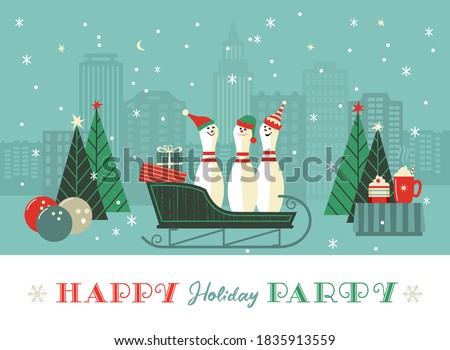 Cute bowling pins in sleigh flat vector poster. Comic pin in elf hat cartoon. Winter season holiday bowling parties design element. Christmas bowl New year event celebration background illustration