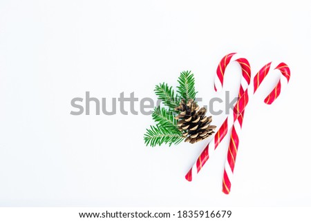 Holiday ornament with candy cane, tree branches and pinecone on white background. branches and pine cone on white background.