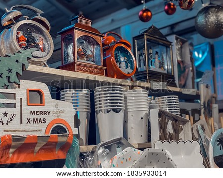 Set of vintage style christmas decorations at Tokyo christmas market. 