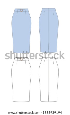 Fashion technical sketch of pencil skirt with belt in vector graphic.
Fashion illustration. Woman skirt.Clothes flat sketch vector. Scheme front and back, fashion design Technical drawing vector