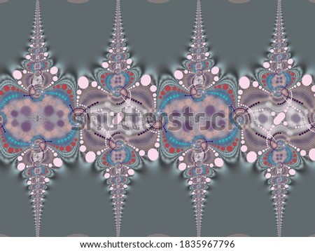 A hand drawing pattern made red pink white and blue on a grey background
