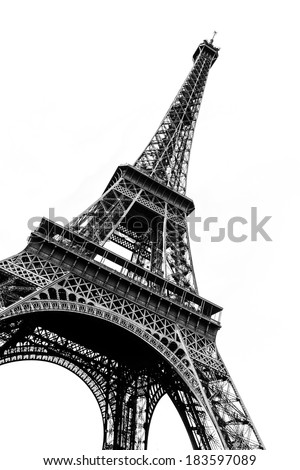 Tour Eiffel in black and white silhouetted against a plain white background.