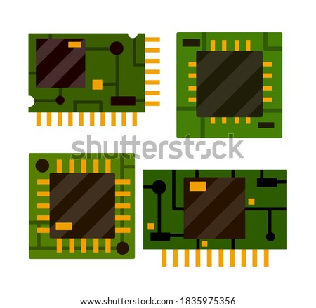 Chip. Computer accessories. The microprocessor and microcircuit icon. Modern technology. Flat illustration. Green microchip