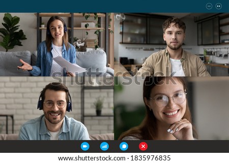Screen view group video call, team brainstorming, negotiating online, sharing ideas, four people friends engaged in conference, internet meeting, using webcam and social media app, virtual event Royalty-Free Stock Photo #1835976835